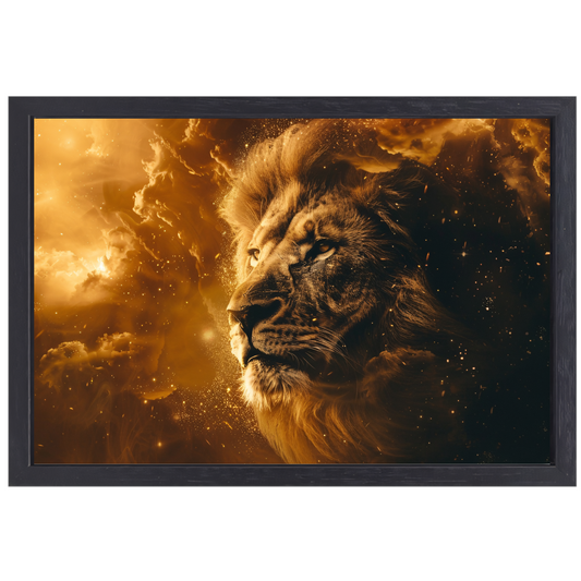 Gouden leeuw omringd door vurige gloed canvas met baklijst