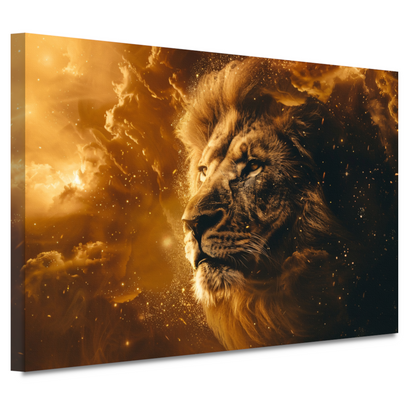 Gouden leeuw omringd door vurige gloed canvas