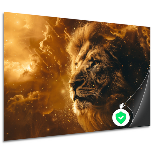 Gouden leeuw omringd door vurige gloed poster