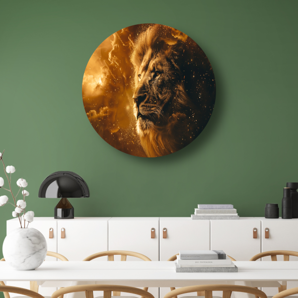 Gouden leeuw omringd door vurige gloed aluminium muurcirkel