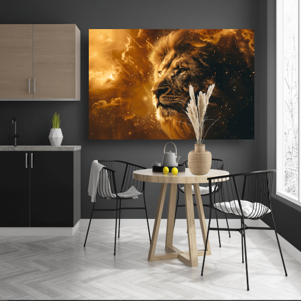 Gouden leeuw omringd door vurige gloed canvas