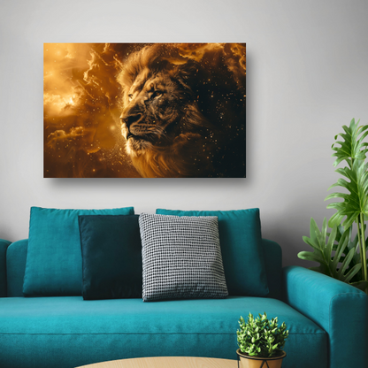 Gouden leeuw omringd door vurige gloed canvas met baklijst