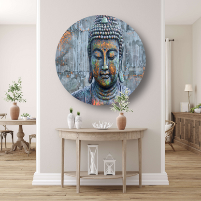 Boeddha Kunstwerk met Kleurrijke Betonnen Achtergrond aluminium muurcirkel