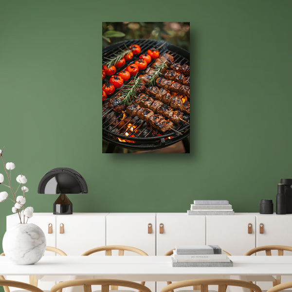 Gegrild vlees en tomaten op barbecue canvas met baklijst