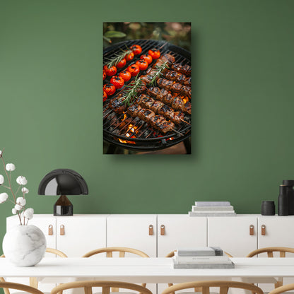 Gegrild vlees en tomaten op barbecue canvas met baklijst