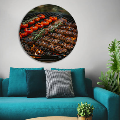 Gegrild vlees en tomaten op barbecue aluminium muurcirkel