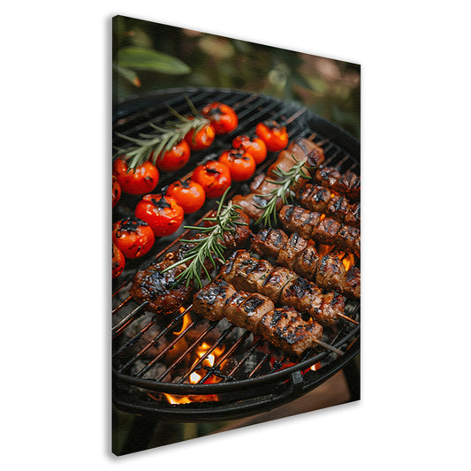 Gegrild vlees en tomaten op barbecue canvas