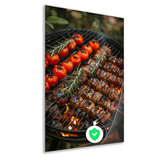 Gegrild vlees en tomaten op barbecue poster