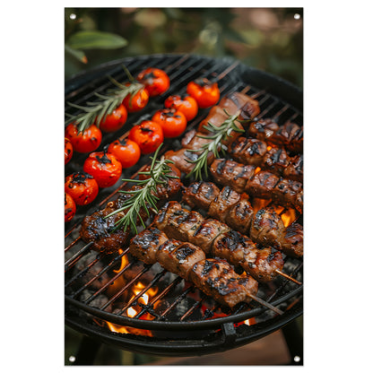 Gegrild vlees en tomaten op barbecue tuinposter