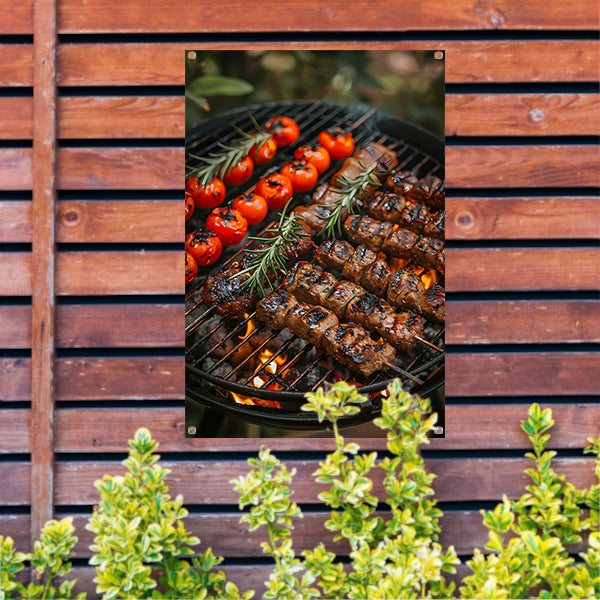 Gegrild vlees en tomaten op barbecue tuinposter