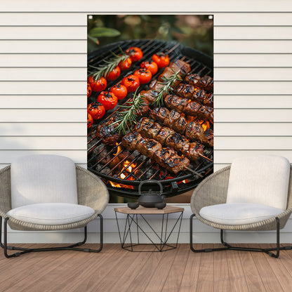 Gegrild vlees en tomaten op barbecue tuinposter