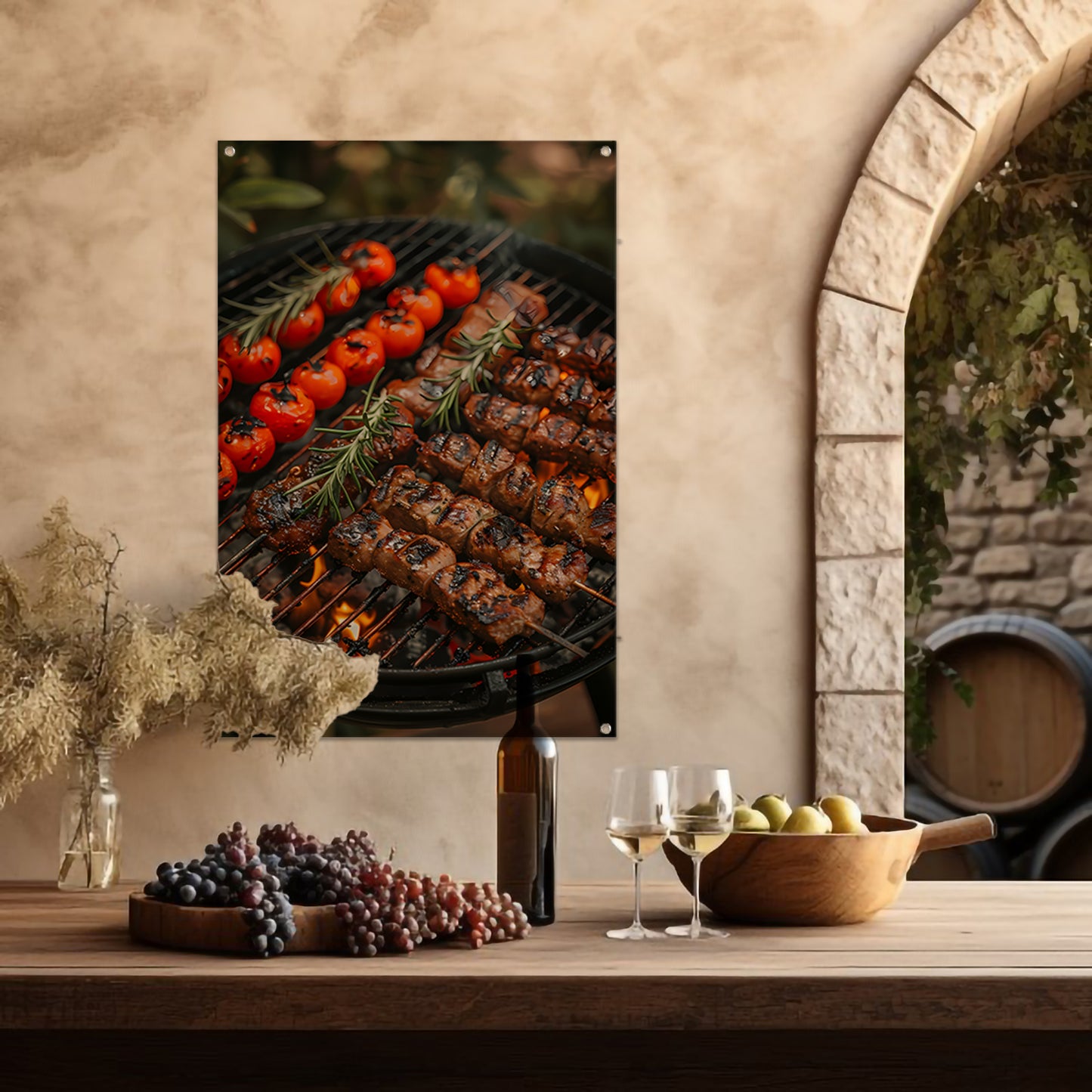 Gegrild vlees en tomaten op barbecue tuinposter