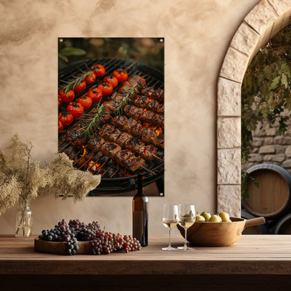 Gegrild vlees en tomaten op barbecue tuinposter