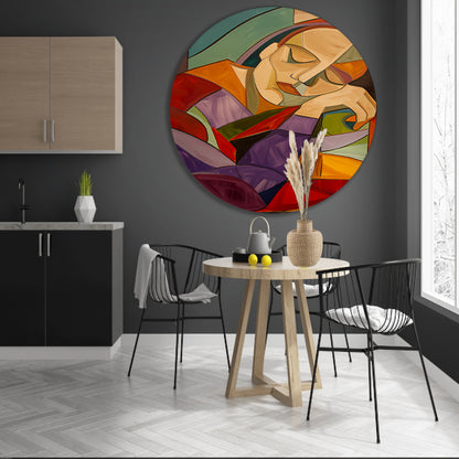 Kubistisch portret van vrouw in rust aluminium muurcirkel