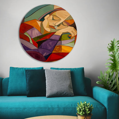 Kubistisch portret van vrouw in rust aluminium muurcirkel