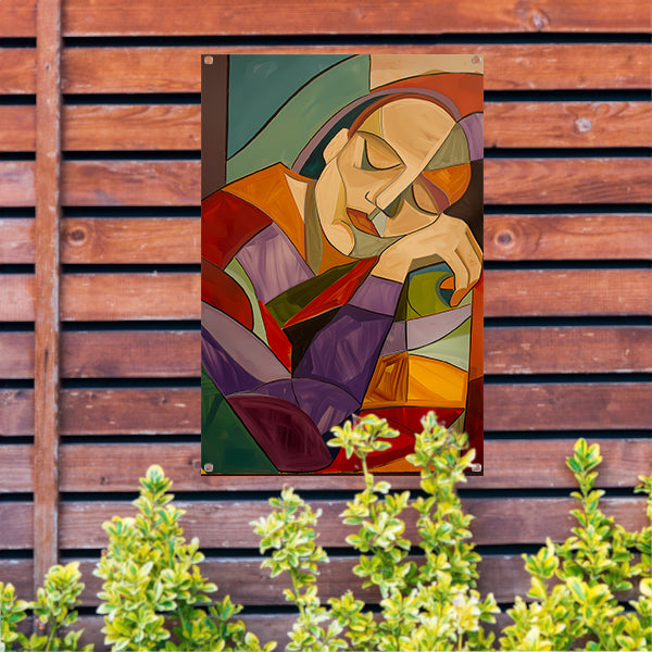Kubistisch portret van vrouw in rust tuinposter