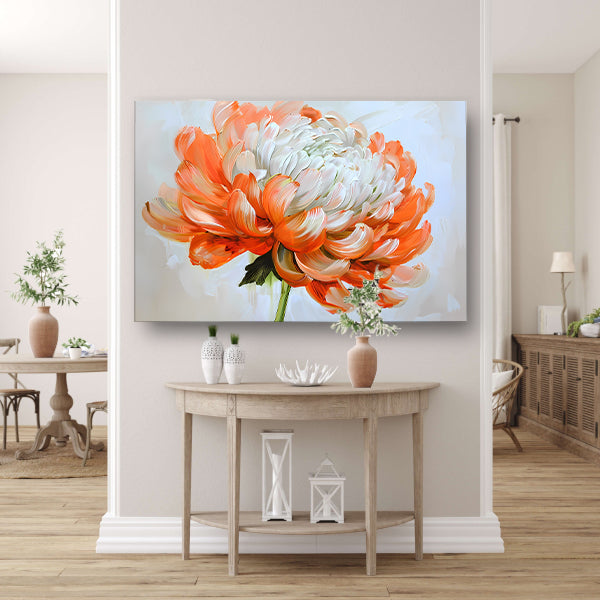 Abstract schilderij van oranje en witte bloem canvas met baklijst
