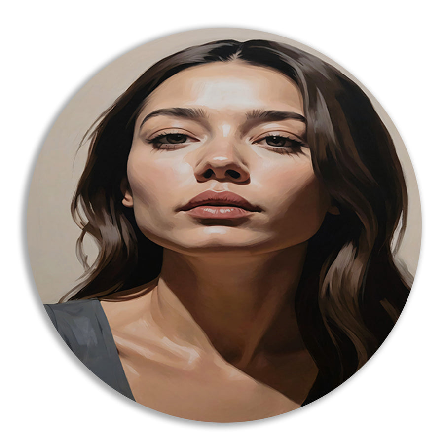 Serene vrouw in realistische kleurtonen aluminium muurcirkel