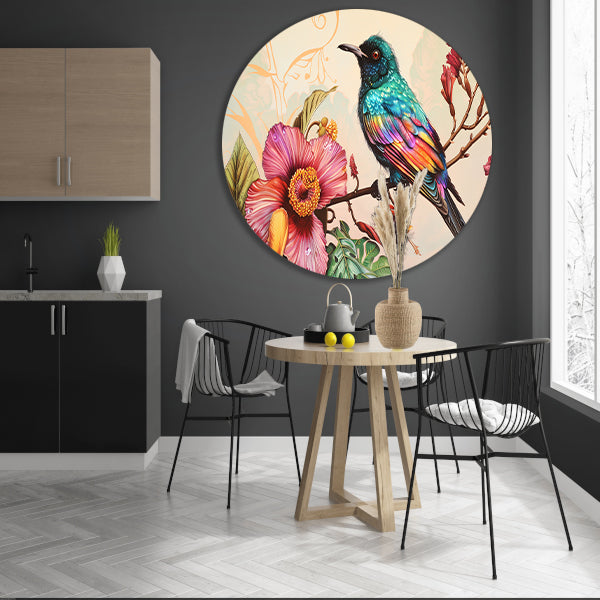 Tropische vogel met kleurrijke bloemen   aluminium muurcirkel