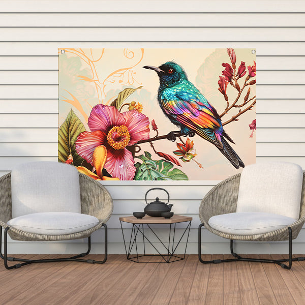 Tropische vogel met kleurrijke bloemen   tuinposter