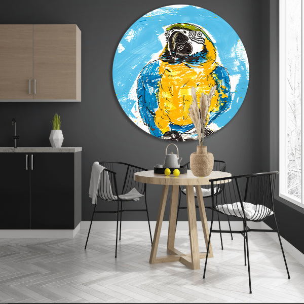 Abstract schilderij van kleurrijke papegaai aluminium muurcirkel