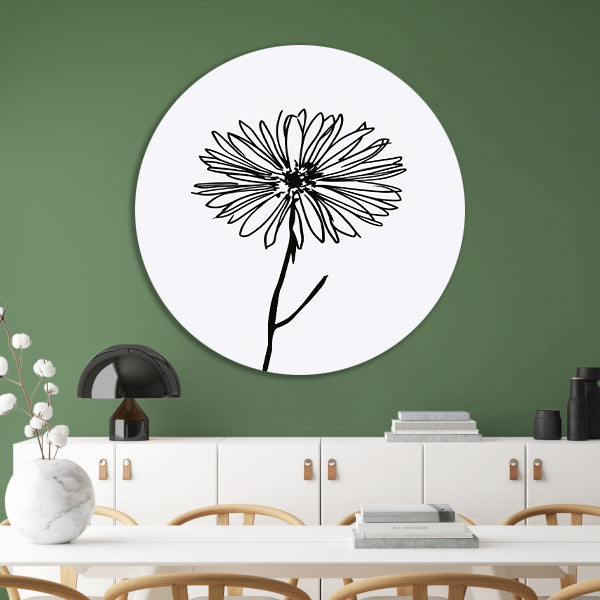 Minimalistische Bloem in Lijntekening Zwart Wit forex muurcirkel