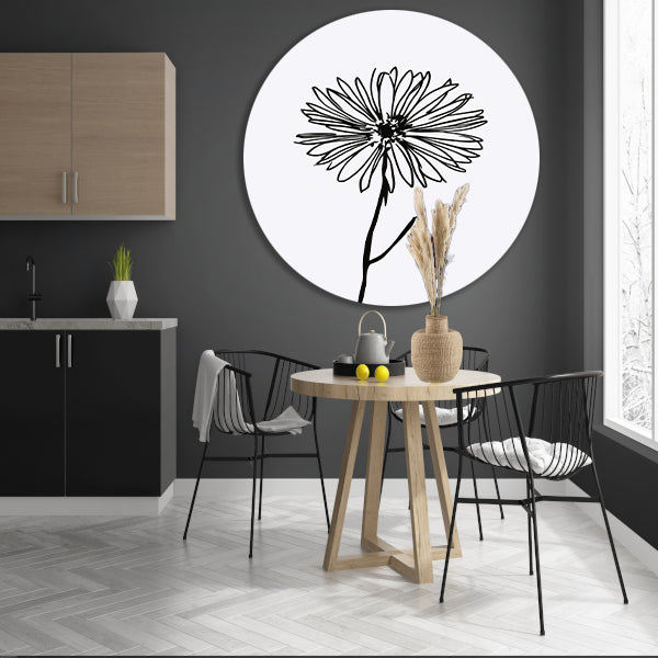 Minimalistische Bloem in Lijntekening Zwart Wit forex muurcirkel