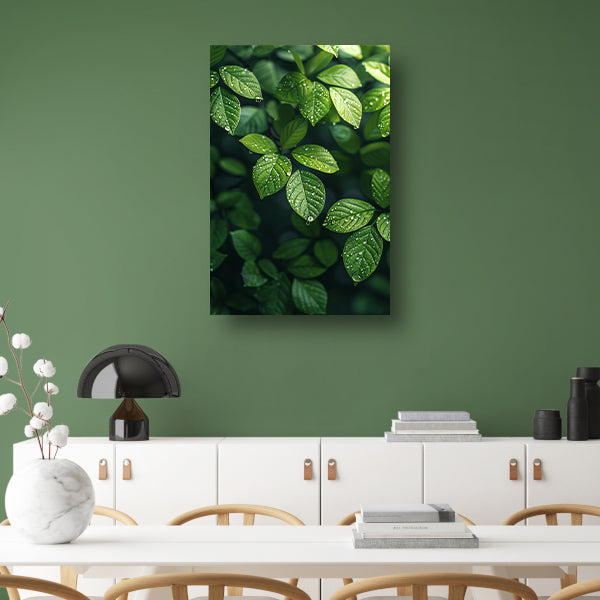 Glinsterende dauwdruppels op groene bladeren canvas met baklijst