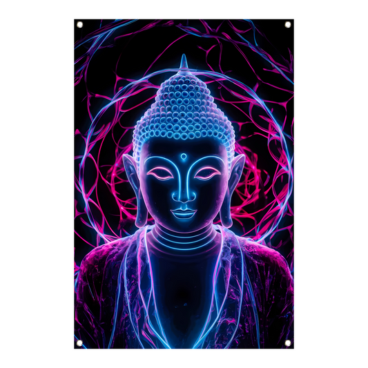 Neon Boeddha met psychedelische kleuren en halo tuinposter