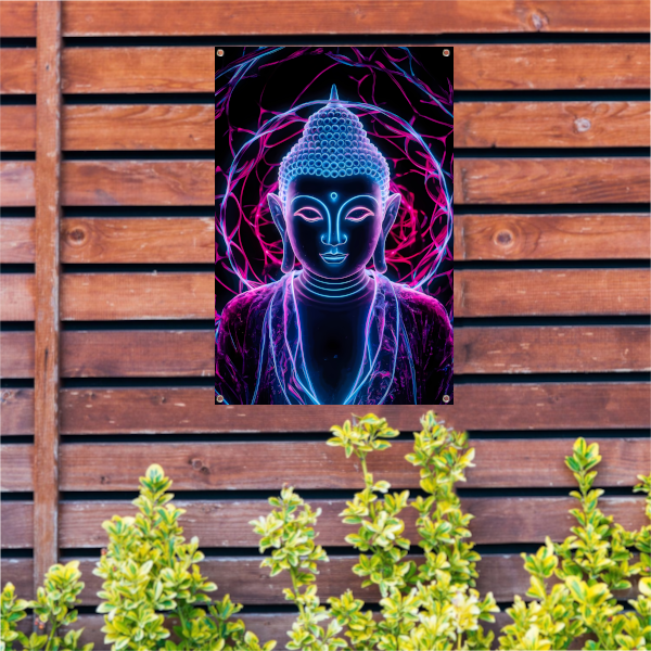 Neon Boeddha met psychedelische kleuren en halo tuinposter