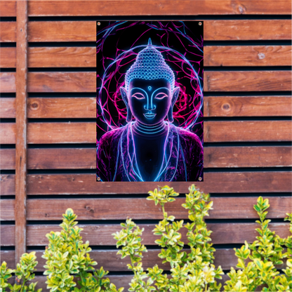 Neon Boeddha met psychedelische kleuren en halo tuinposter