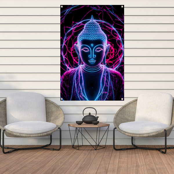 Neon Boeddha met psychedelische kleuren en halo tuinposter
