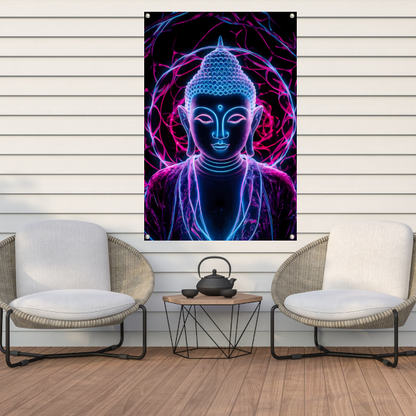 Neon Boeddha met psychedelische kleuren en halo tuinposter