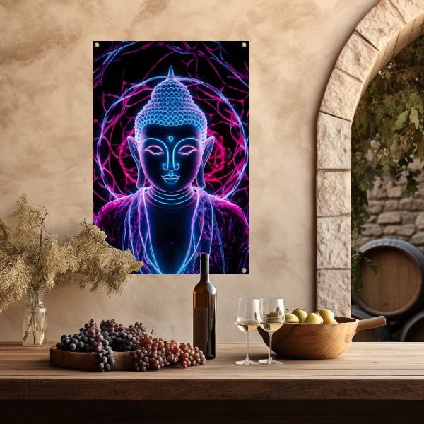 Neon Boeddha met psychedelische kleuren en halo tuinposter