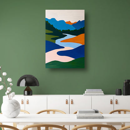 Kleurrijk minimalistisch schilderij van rivier en bergen poster