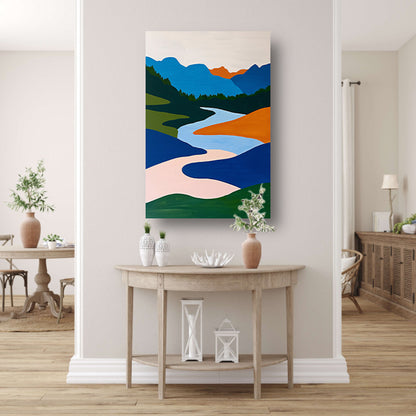 Kleurrijk minimalistisch schilderij van rivier en bergen poster