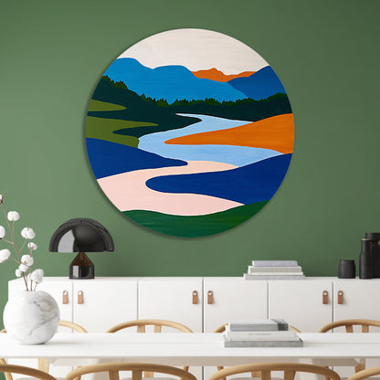 Kleurrijk minimalistisch schilderij van rivier en bergen aluminium muurcirkel
