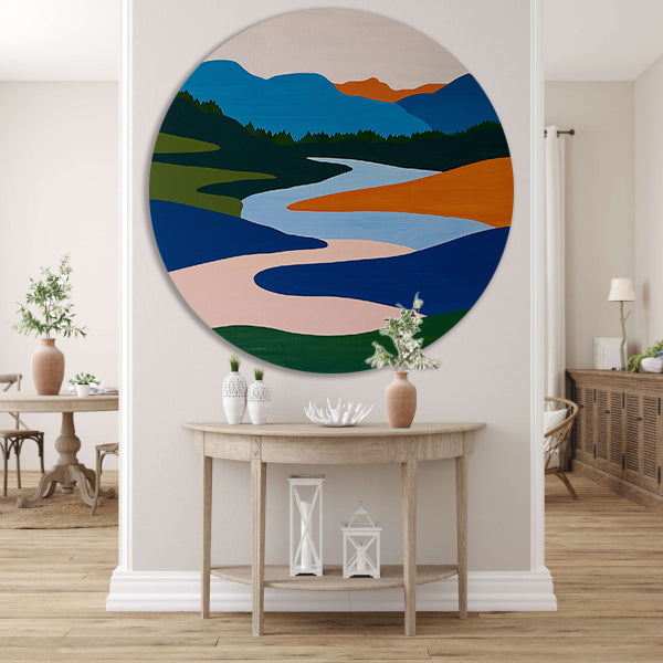 Kleurrijk minimalistisch schilderij van rivier en bergen aluminium muurcirkel
