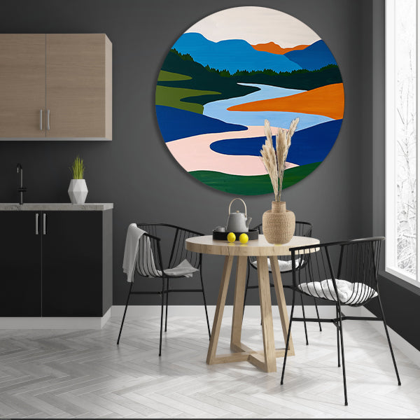 Kleurrijk minimalistisch schilderij van rivier en bergen aluminium muurcirkel