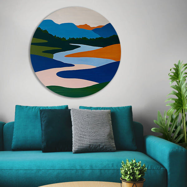 Kleurrijk minimalistisch schilderij van rivier en bergen aluminium muurcirkel