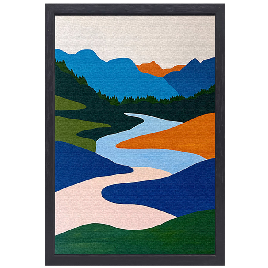 Kleurrijk minimalistisch schilderij van rivier en bergen canvas met baklijst
