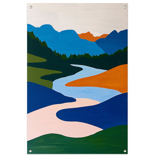 Kleurrijk minimalistisch schilderij van rivier en bergen tuinposter