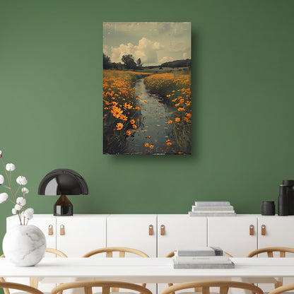 Gouden bloemen langs meanderende rivier canvas met baklijst