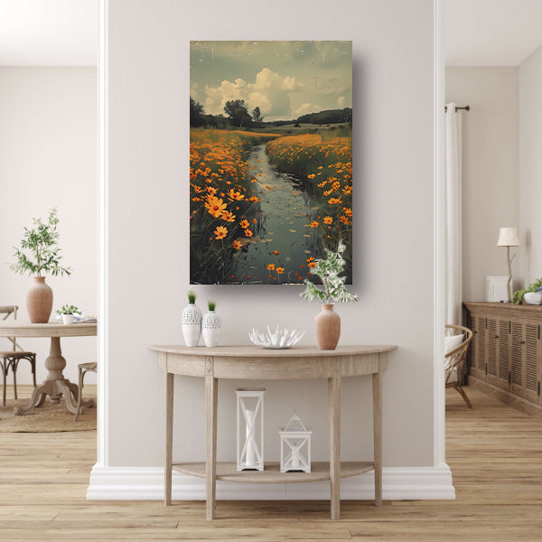 Gouden bloemen langs meanderende rivier canvas met baklijst