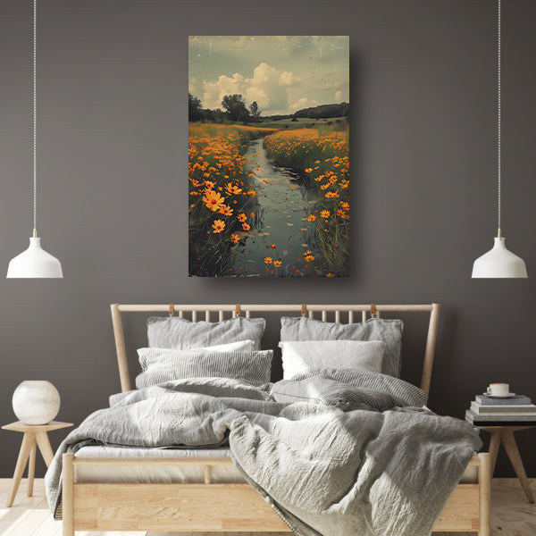 Gouden bloemen langs meanderende rivier canvas met baklijst