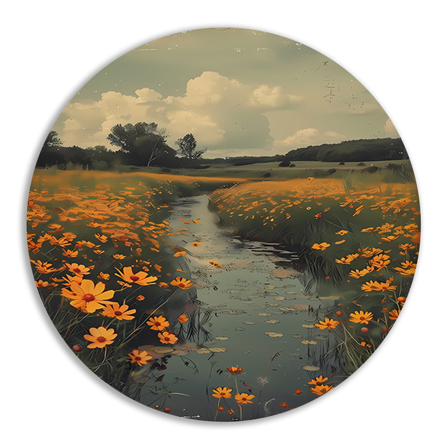 Gouden bloemen langs meanderende rivier aluminium muurcirkel