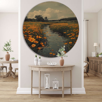 Gouden bloemen langs meanderende rivier forex muurcirkel