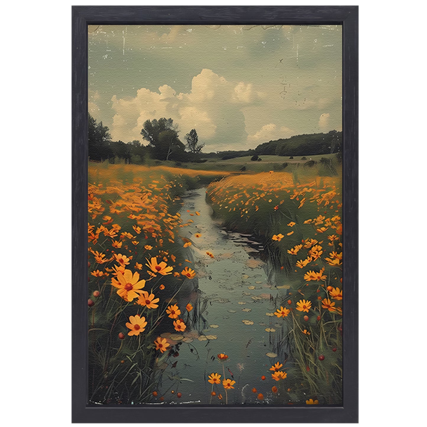 Gouden bloemen langs meanderende rivier canvas met baklijst