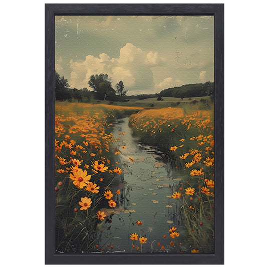Gouden bloemen langs meanderende rivier canvas met baklijst