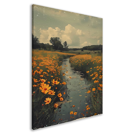 Gouden bloemen langs meanderende rivier canvas